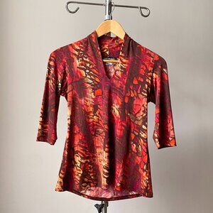 🍂 Y2K Vintage Orange Burgundy Second-Skin V-Neck Fitted Top Abstract Print